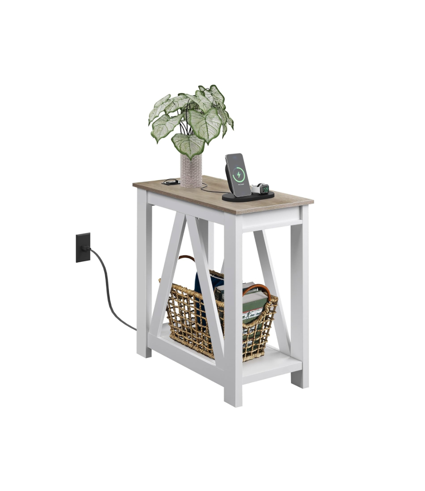 Farmhouse End Table, Narrow Side Table with Charging Station