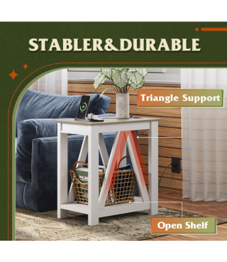 Farmhouse End Table, Narrow Side Table with Charging Station