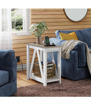 Farmhouse End Table, Narrow Side Table with Charging Station