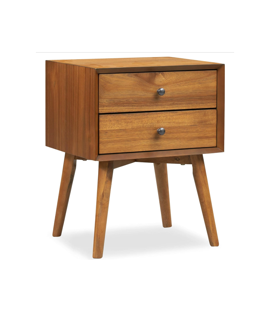 Mid-Century Modern Nightstand – Solid Wood Bedside Table with 2 Drawers