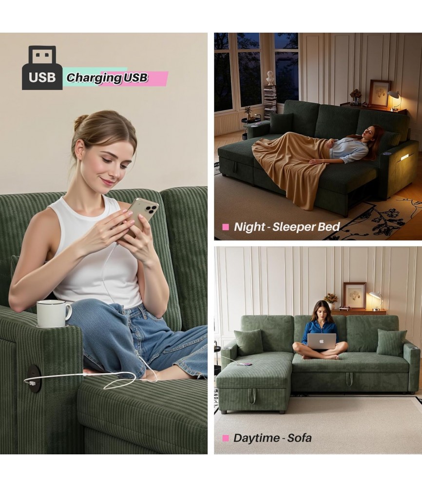 Sleeper Sectional Sofa, 83" Convertible Sofa Bed with Pull Out Couches
