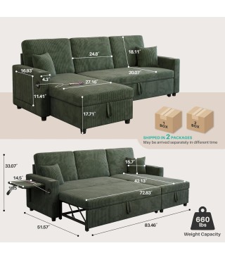 Sleeper Sectional Sofa, 83" Convertible Sofa Bed with Pull Out Couches