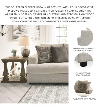 Contemporary Chenille Queen Sofa Sleeper with 4 Accent Pillows, Off-White