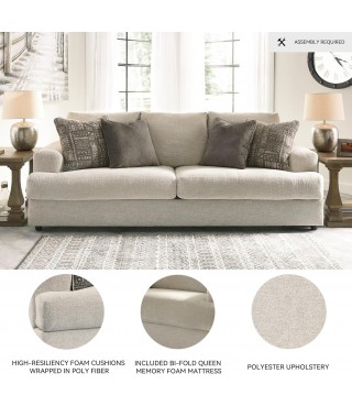 Contemporary Chenille Queen Sofa Sleeper with 4 Accent Pillows, Off-White