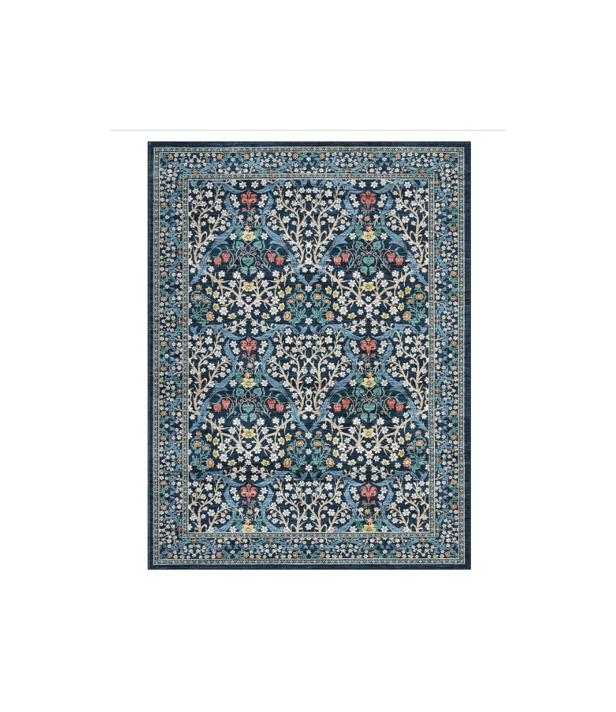 Dark Blue Floral Pattern Washable Rug for Living Room, Bedroom