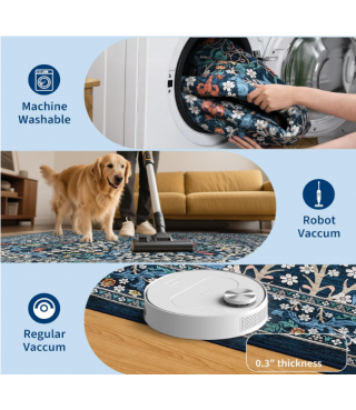 Dark Blue Floral Pattern Washable Rug for Living Room, Bedroom