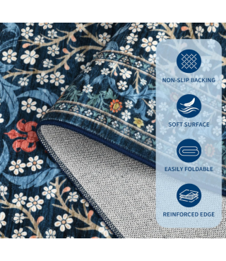 Dark Blue Floral Pattern Washable Rug for Living Room, Bedroom