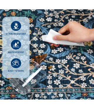 Dark Blue Floral Pattern Washable Rug for Living Room, Bedroom