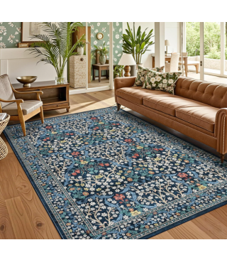 Dark Blue Floral Pattern Washable Rug for Living Room, Bedroom