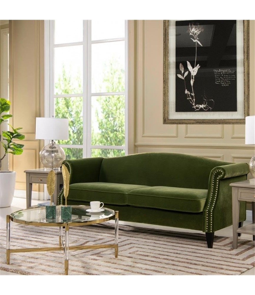 77" Camel Back Small Space Sofa Olive Green Performance Velvet