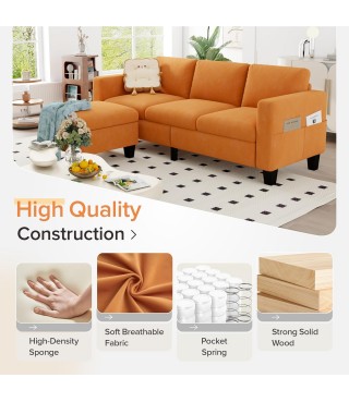 Classic 3 Seat L-Shaped Sofa Set with Movable Ottoman