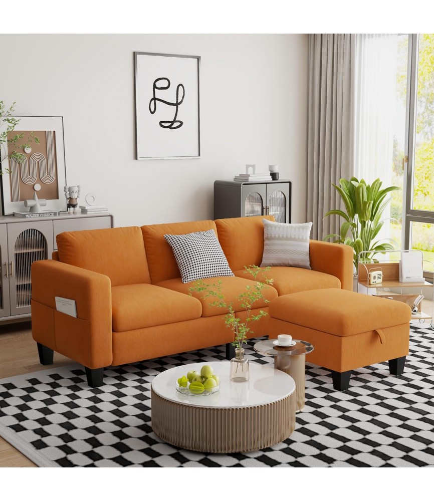 Classic 3 Seat L-Shaped Sofa Set with Movable Ottoman