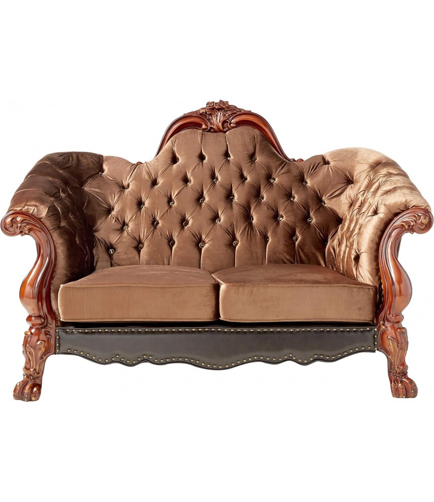 Loveseat in Golden Brown Velvet & Cherry Oak