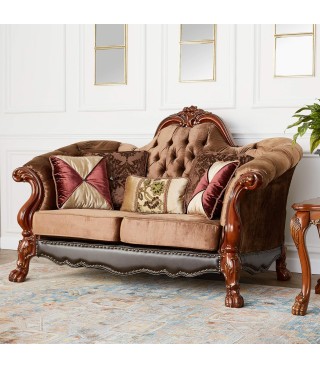 Loveseat in Golden Brown Velvet & Cherry Oak