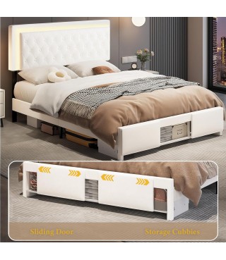 Queen Bed Frame with Sliding Barn Door Storage Cabinets