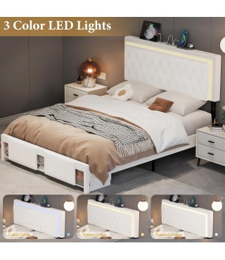 Queen Bed Frame with Sliding Barn Door Storage Cabinets