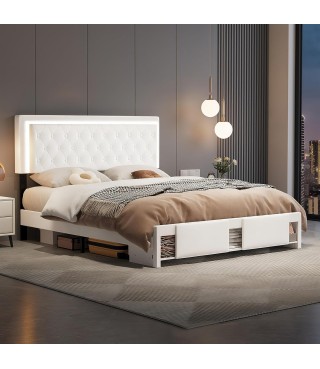 Queen Bed Frame with Sliding Barn Door Storage Cabinets