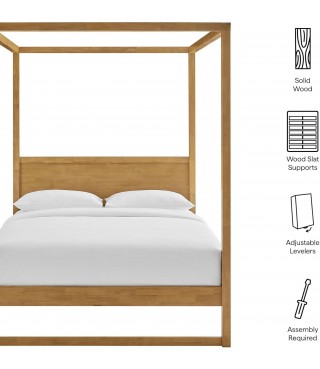 Queen Size 4-Post Wood Platform Canopy Bed in Oak
