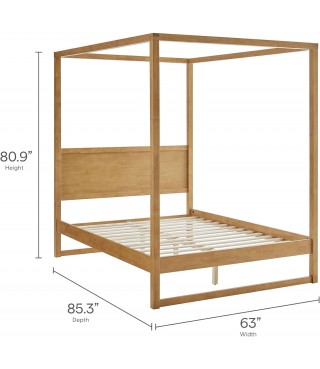 Queen Size 4-Post Wood Platform Canopy Bed in Oak