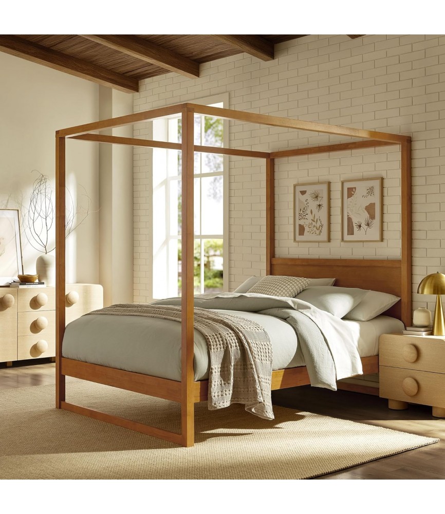 Queen Size 4-Post Wood Platform Canopy Bed in Oak