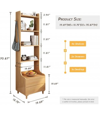 71" Tall Free Standing Wooden Open Shelf Bookcase with Drawers