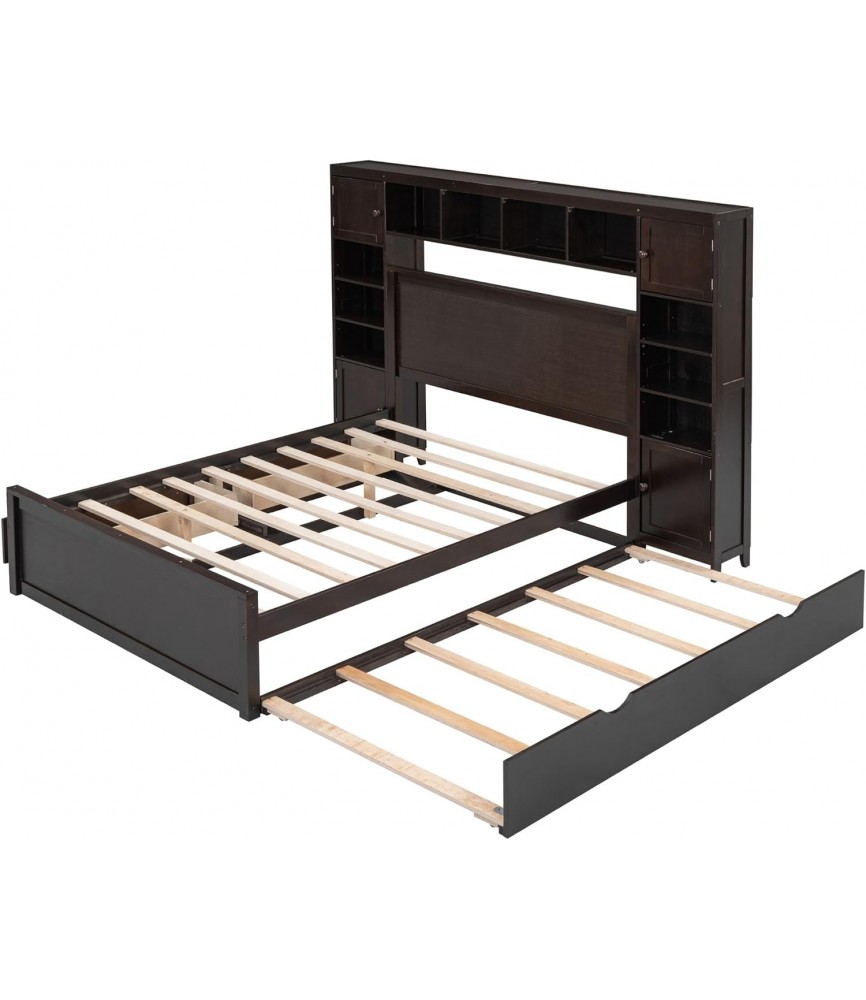 Versatility Galore Solid Wood Bed Frame with All-in-One Cabinet, Shelf and Sockets, Platform Bed Frame