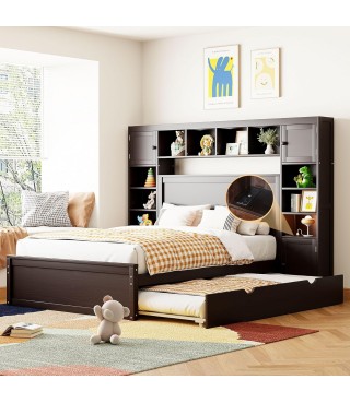 Versatility Galore Solid Wood Bed Frame with All-in-One Cabinet, Shelf and Sockets, Platform Bed Frame