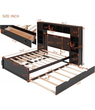 Versatility Galore Solid Wood Bed Frame with All-in-One Cabinet, Shelf and Sockets, Platform Bed Frame