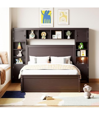 Versatility Galore Solid Wood Bed Frame with All-in-One Cabinet, Shelf and Sockets, Platform Bed Frame
