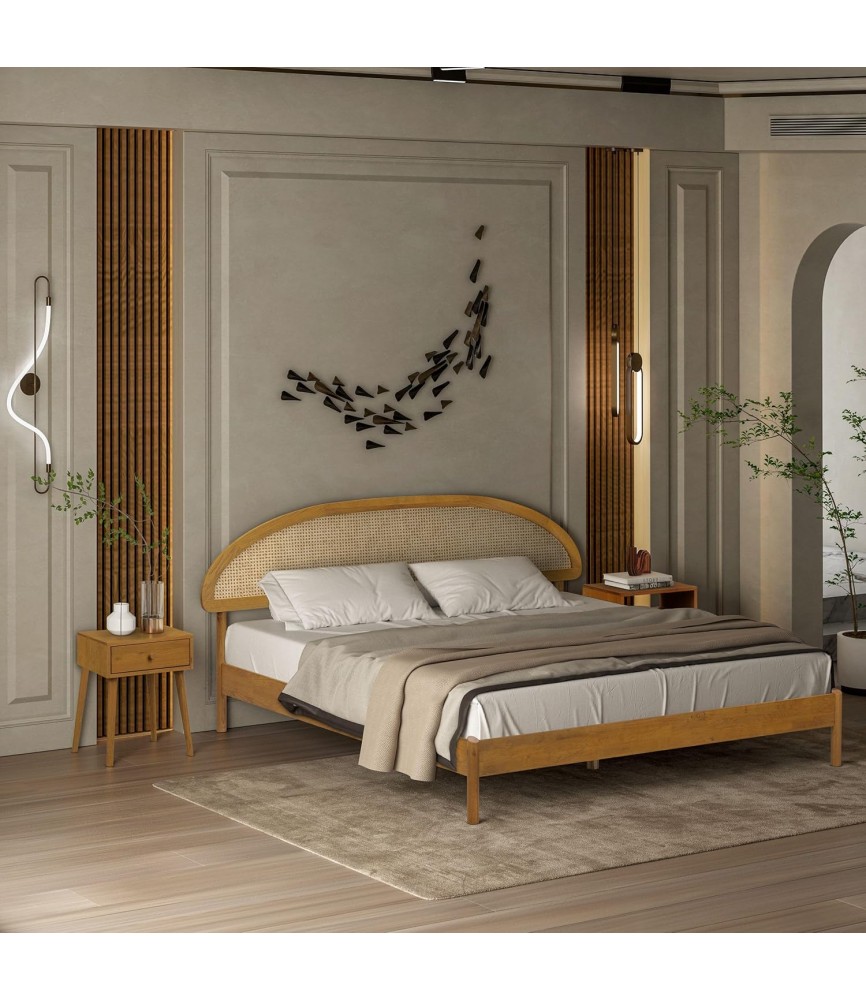 Wooden Bed Frame with Headboard and Natural Rattan