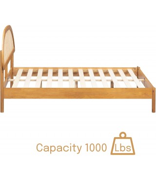 Wooden Bed Frame with Headboard and Natural Rattan
