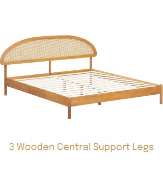 Wooden Bed Frame with Headboard and Natural Rattan