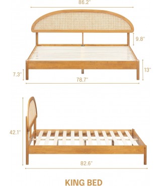Wooden Bed Frame with Headboard and Natural Rattan