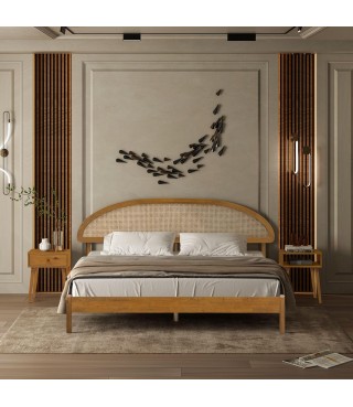 Wooden Bed Frame with Headboard and Natural Rattan