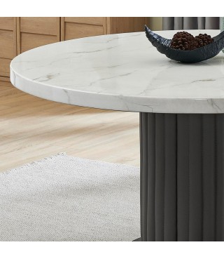 54-inch Round White Faux Marble Top Dining Table with Fluted Gray PVC Upholstered Pedestal Base – Modern Seating for 6