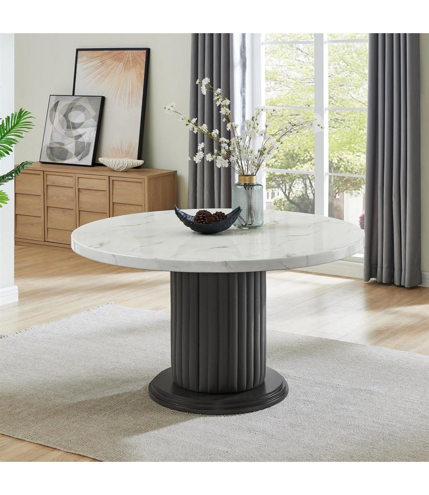 54-inch Round White Faux Marble Top Dining Table with Fluted Gray PVC Upholstered Pedestal Base – Modern Seating for 6