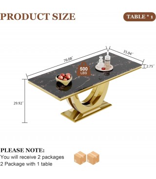 70" Marble Dining Table, Modern Black Kitchen Table for 6-8