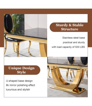 70" Marble Dining Table, Modern Black Kitchen Table for 6-8