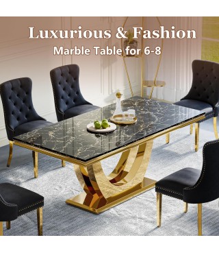 70" Marble Dining Table, Modern Black Kitchen Table for 6-8