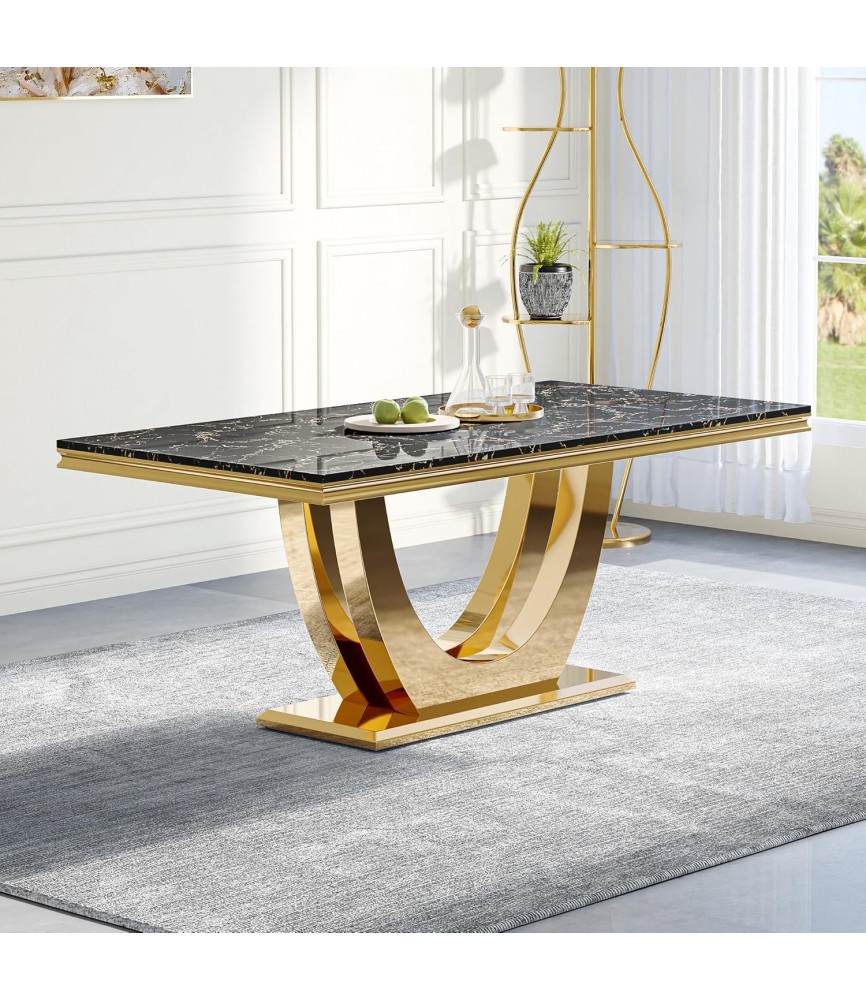 70" Marble Dining Table, Modern Black Kitchen Table for 6-8