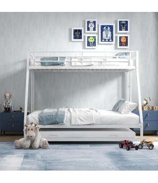 Twin Over Full Bunk Bed with Trundle, Heavy-Duty Metal Bunk Bed Frame with Guardrail & 2 Ladders