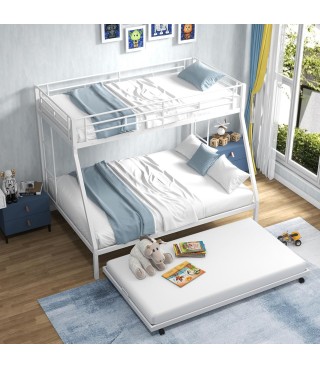 Twin Over Full Bunk Bed with Trundle, Heavy-Duty Metal Bunk Bed Frame with Guardrail & 2 Ladders