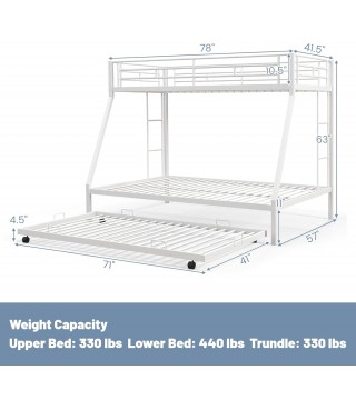 Twin Over Full Bunk Bed with Trundle, Heavy-Duty Metal Bunk Bed Frame with Guardrail & 2 Ladders