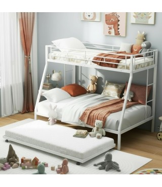 Twin Over Full Bunk Bed with Trundle, Heavy-Duty Metal Bunk Bed Frame with Guardrail & 2 Ladders