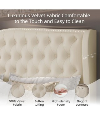 Upholstered Queen Size Bed Frame Velvet Beige Tufted Platform Bed Frame with Wingback Headboard & Footboard