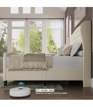 Upholstered Queen Size Bed Frame Velvet Beige Tufted Platform Bed Frame with Wingback Headboard & Footboard