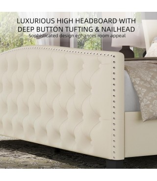 Upholstered Queen Size Bed Frame Velvet Beige Tufted Platform Bed Frame with Wingback Headboard & Footboard