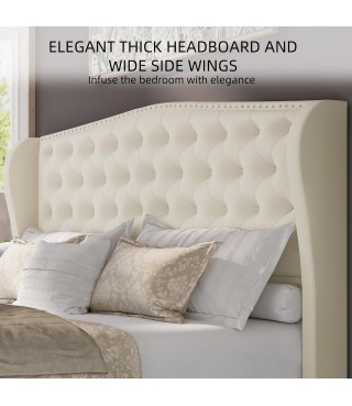 Upholstered Queen Size Bed Frame Velvet Beige Tufted Platform Bed Frame with Wingback Headboard & Footboard