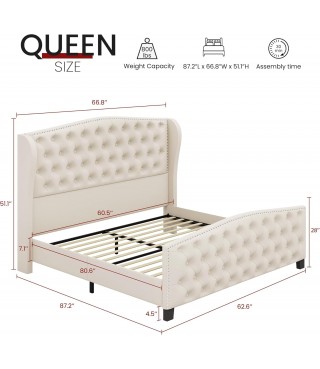 Upholstered Queen Size Bed Frame Velvet Beige Tufted Platform Bed Frame with Wingback Headboard & Footboard