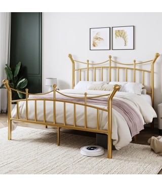 14 Inches Queen Size Metal Platform Bed Frame with Elegant Crown Iron-Art Headboard & Footboard,